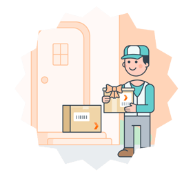 delivery person picking up parcel in front of door