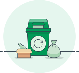 illustration of used items and a recycling bin