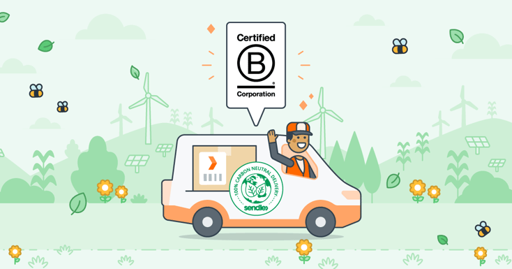 Courier waving delivery van parcel inside on the road b corp over head carbon neutral badge sendle