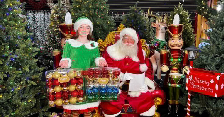 santa and elf holding christmas decorations in house of holiday store