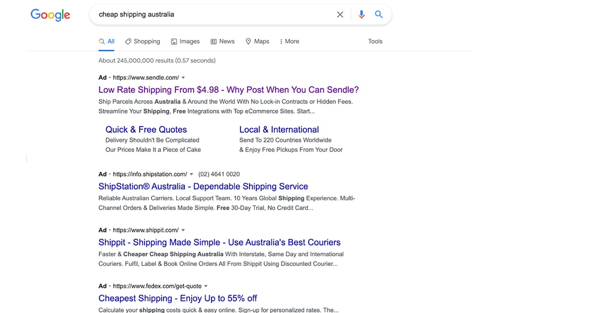 google search for cheapest shipping in australia sendle result