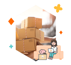 packages being shipped and illustration of person waiting with a laptop
