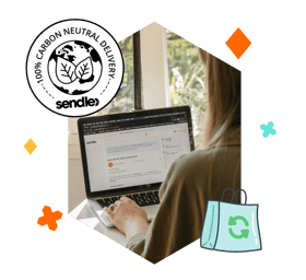 person using sendle shipping service dashboard on their laptop, carbon neutral badge, recyclable bag illustration