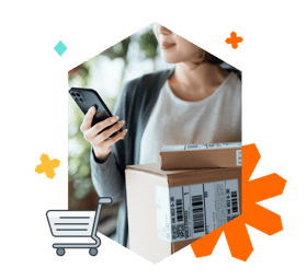 person holiding phone and holding parcels for shipping