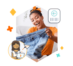 woman holding jeans and illustrations about returns policy