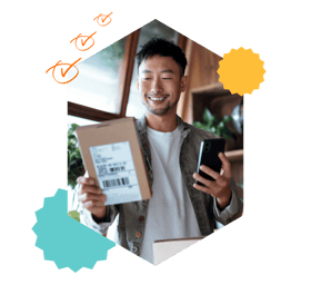 person smiling holding a box parcel with label and phone