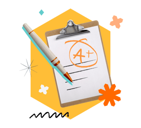 illustration clipboard with scribbled writing A plus grade and pen