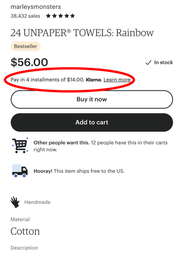 etsy payments 4 installments klarna example