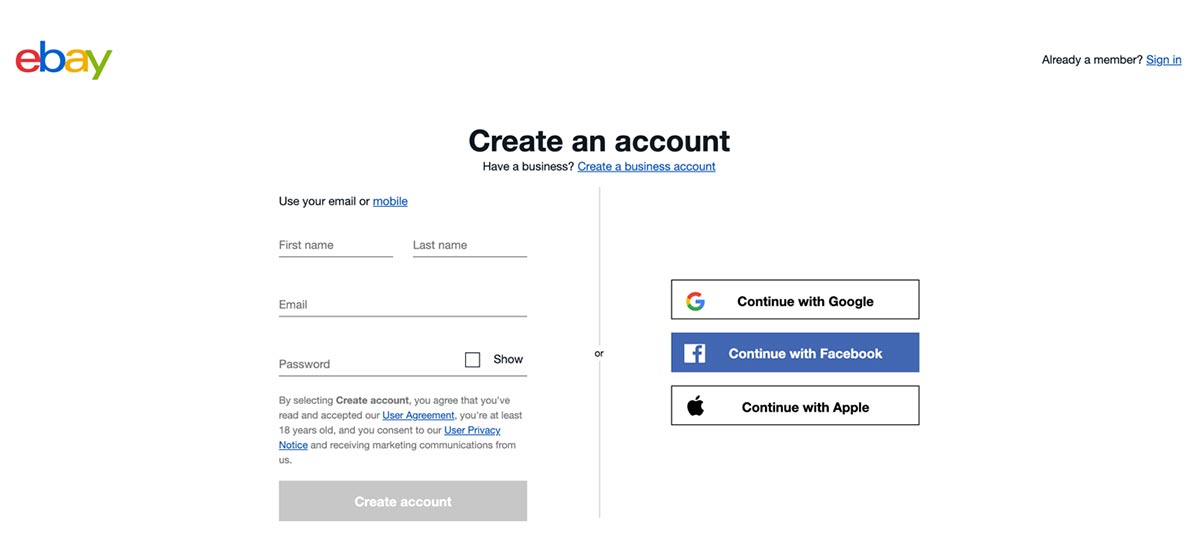 creating an ebay account page