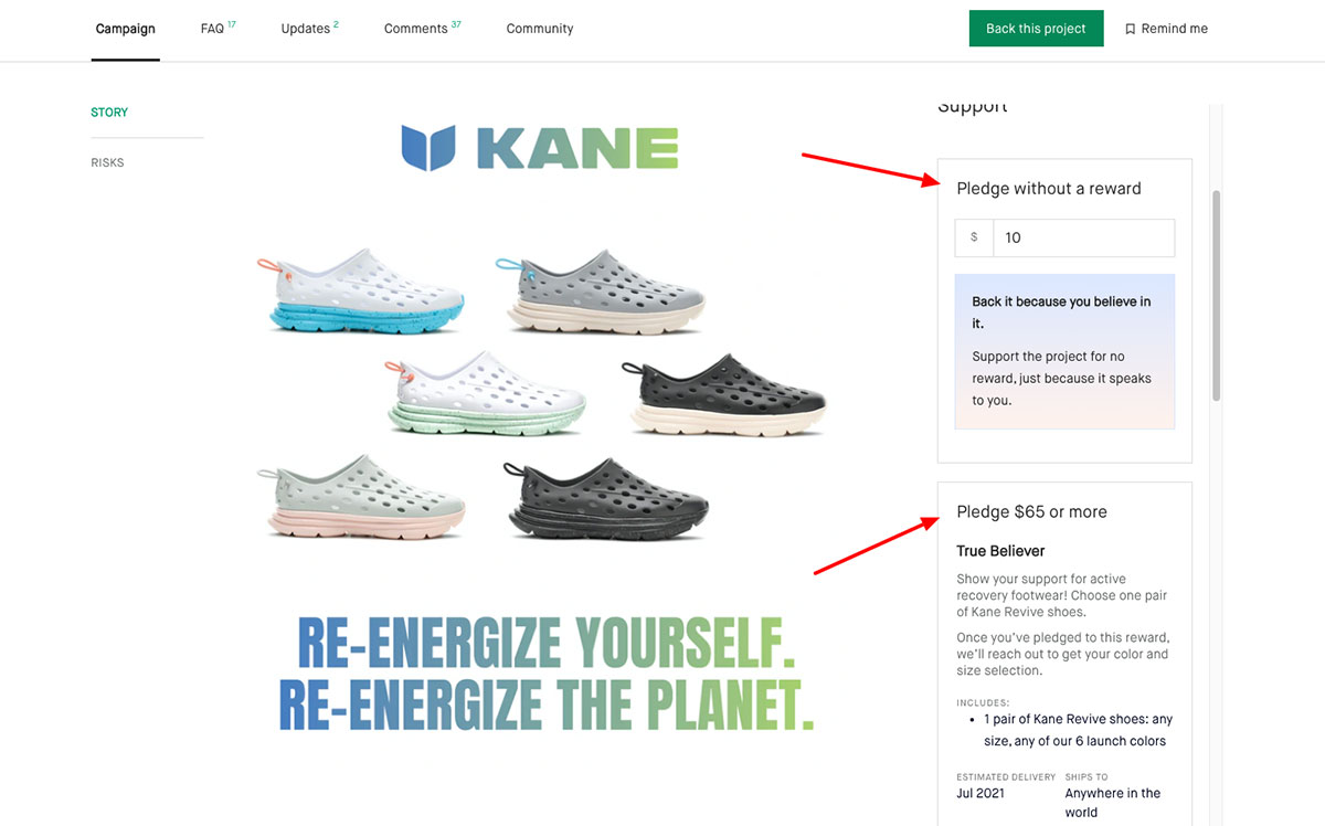 rewards based crowdfunding pledges kane shoes