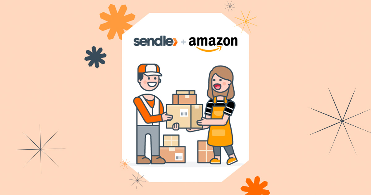 sendle amazon logos partnership driver handing stack parcels to smb character