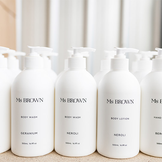 Ms Brown body wash bottlles branding packaging