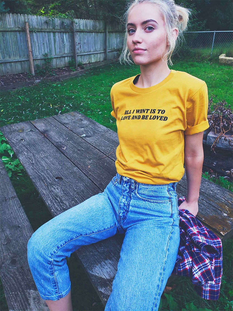 For Everyone Collective yellow screen print shirt female model