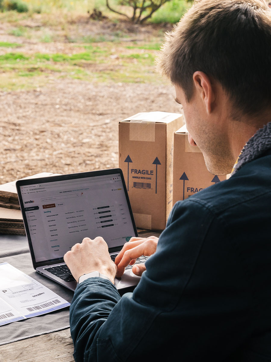 behind shot of male with laptop and packages on table outdoors using sendle tool