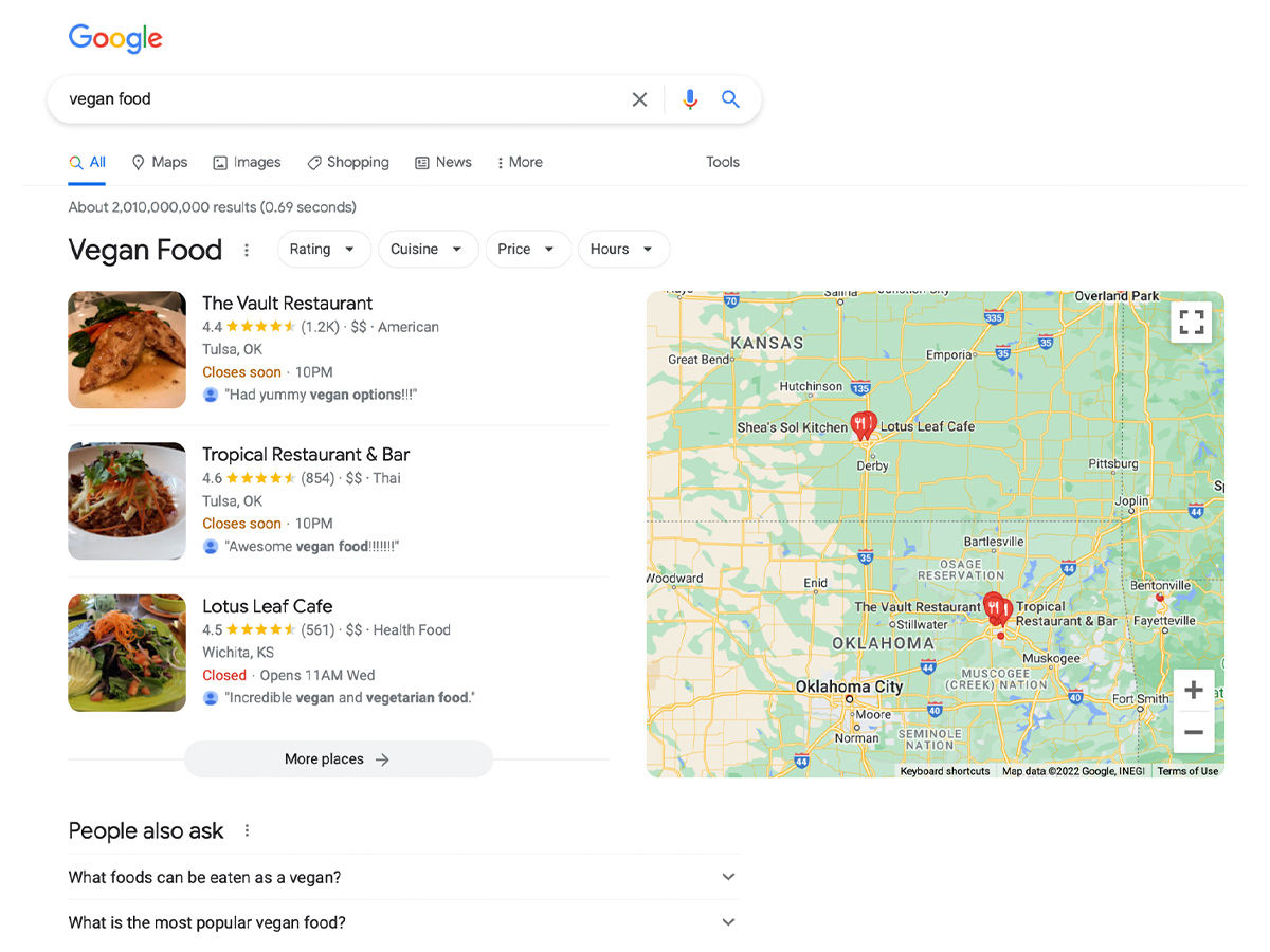 screen grab of google search vegan food nearby reastaurants map