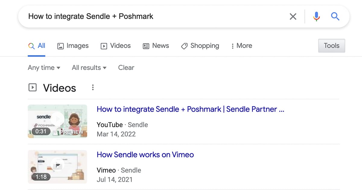 screen grab of google search sendle videos
