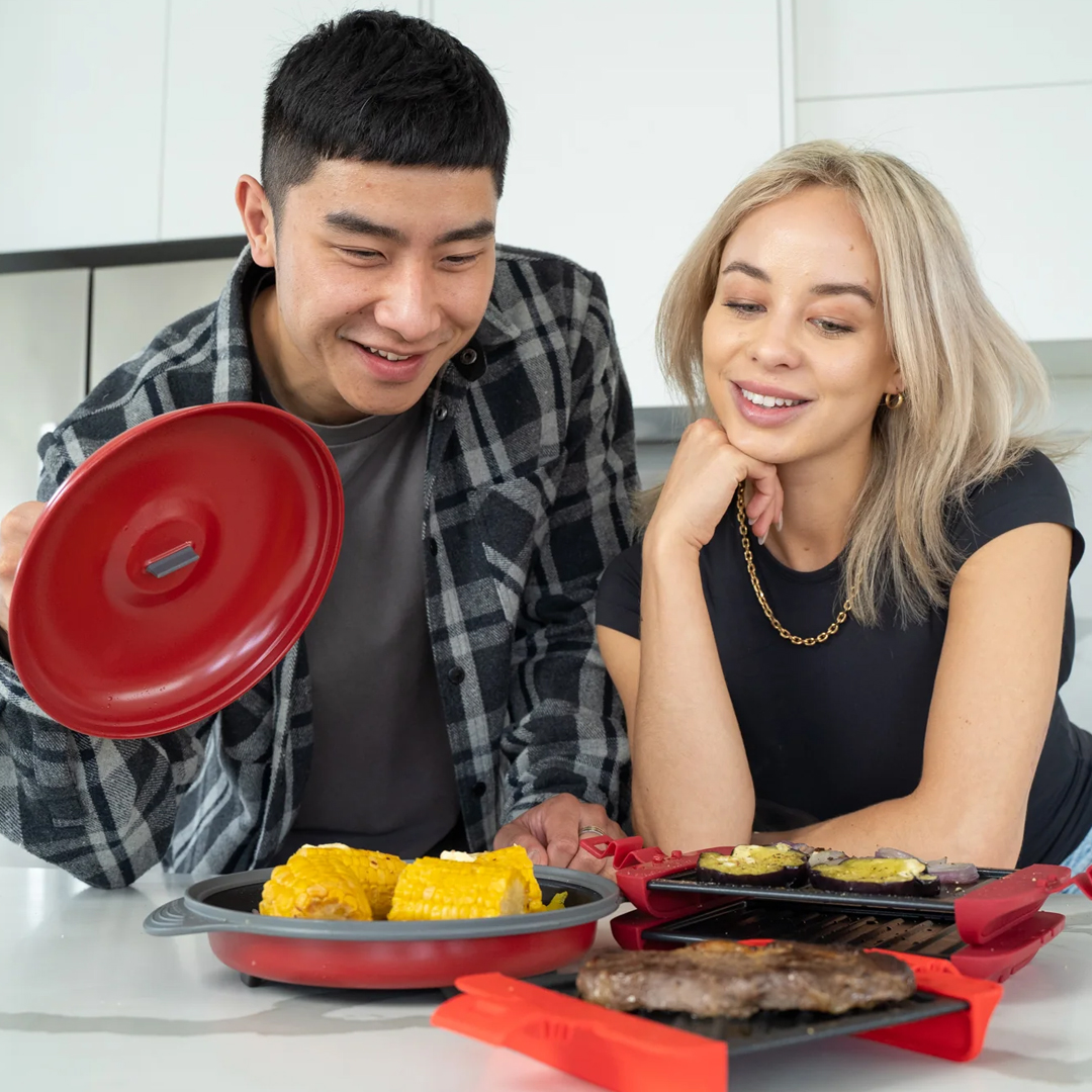 man and woman with food on micro munchy products