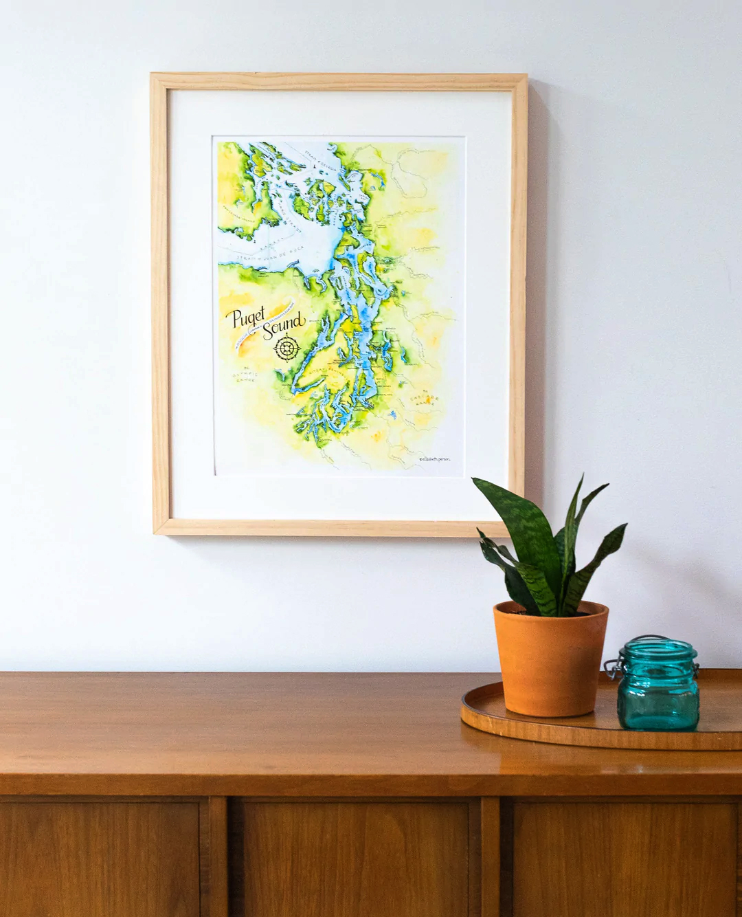 puget sound map art print framed and on display