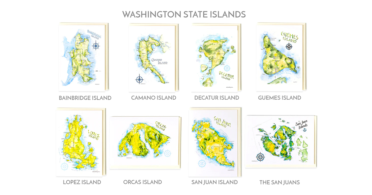 illustrated map of washingston state islands in the united states