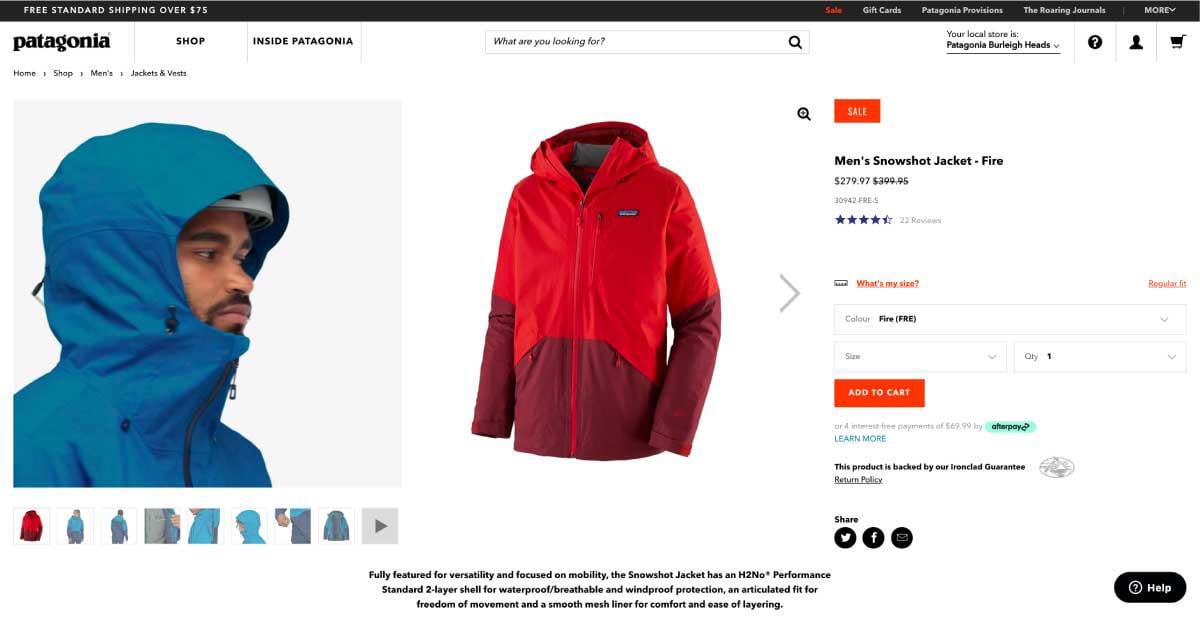 patagonia page screenshot of product jacket