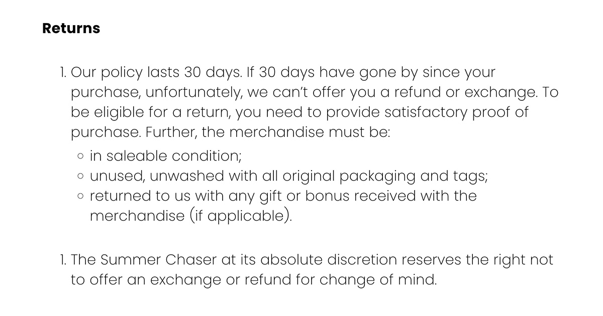 screenshot the summer chaser return policy