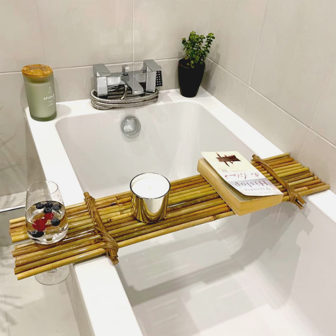 bamboo bath tray over bath tub