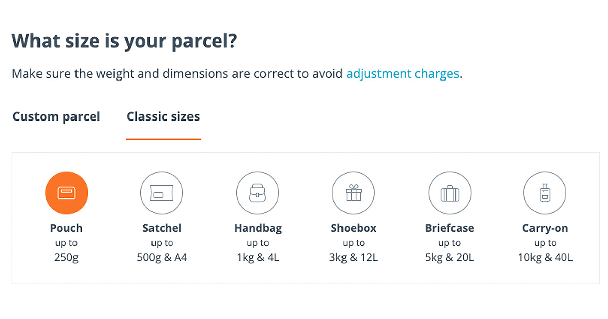 sendle pouch 250g in the size selection dashboard