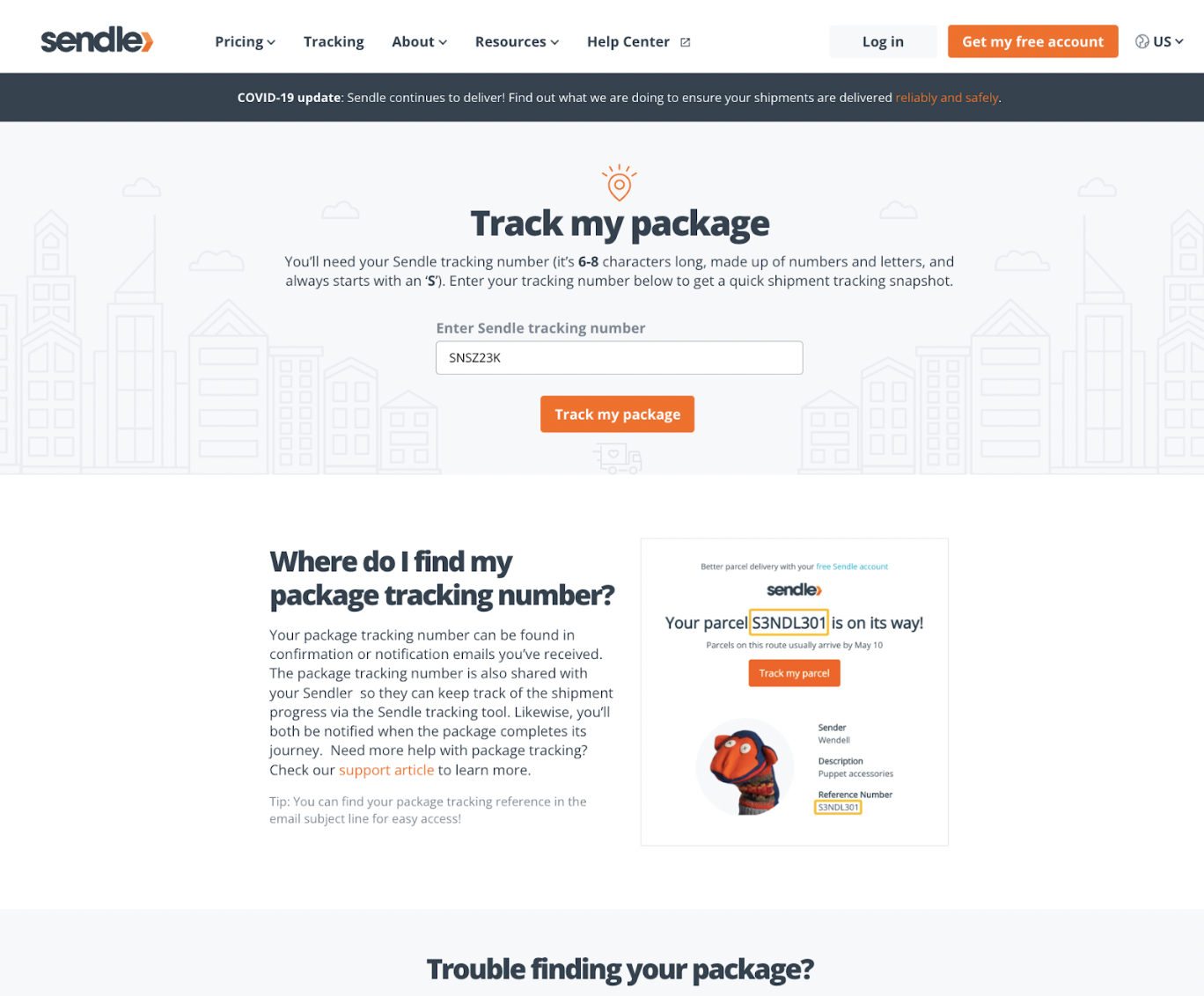 sendle image of the sendle tracking page with track my package tracking tool