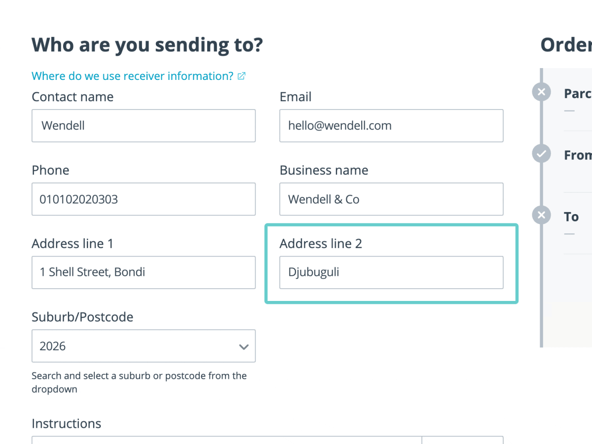 Sendle Dashboard Indigenous Address